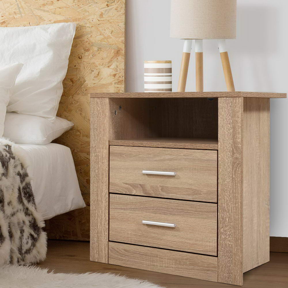 Bedside Table With Drawers and Storage - Oak