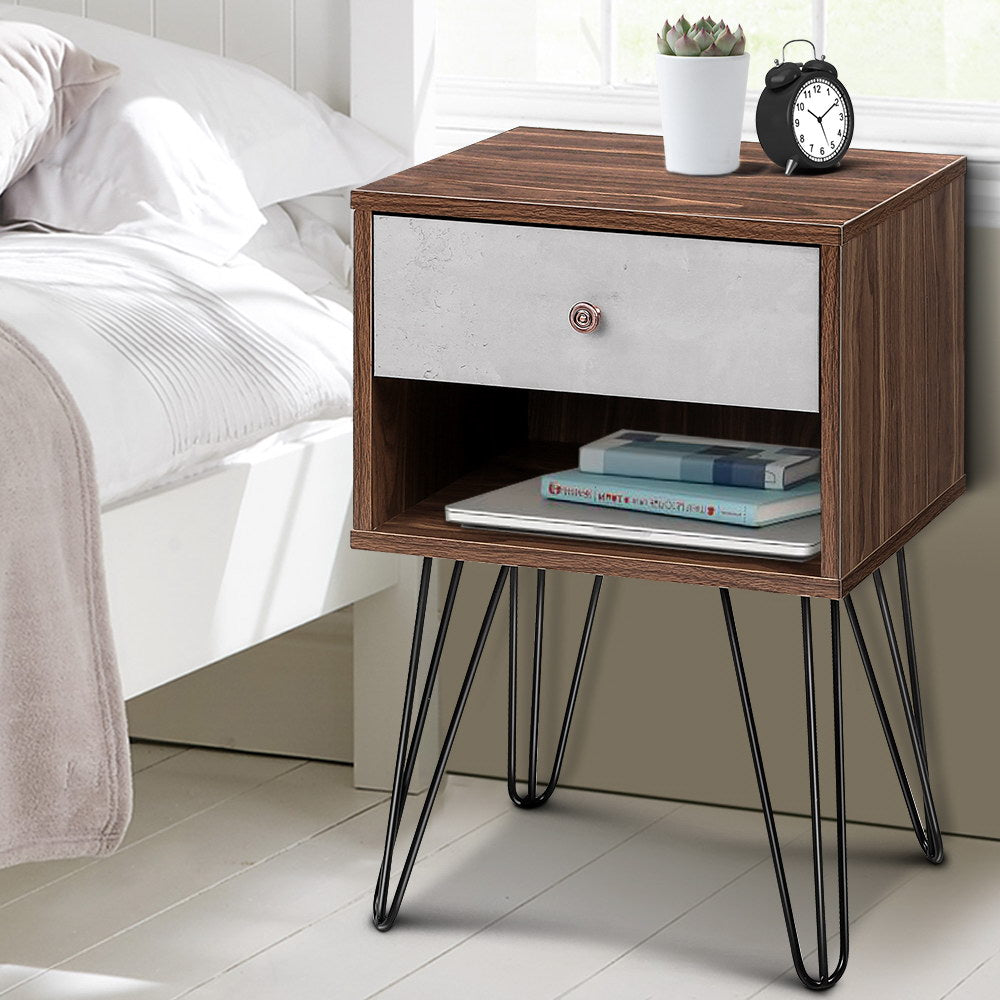 Two-tone Bedside Table with Drawer - Grey & Walnut