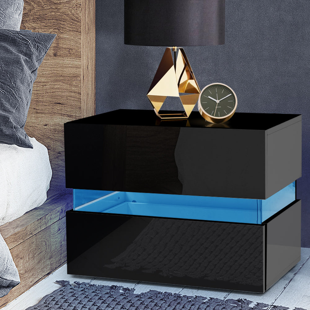 Modern design 2 Drawers RGB LED Side High Gloss Black Bedside Table