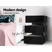Load image into Gallery viewer, Artiss Bedside Table Side Unit RGB LED Lamp 3 Drawers Nightstand Gloss Furniture Black
