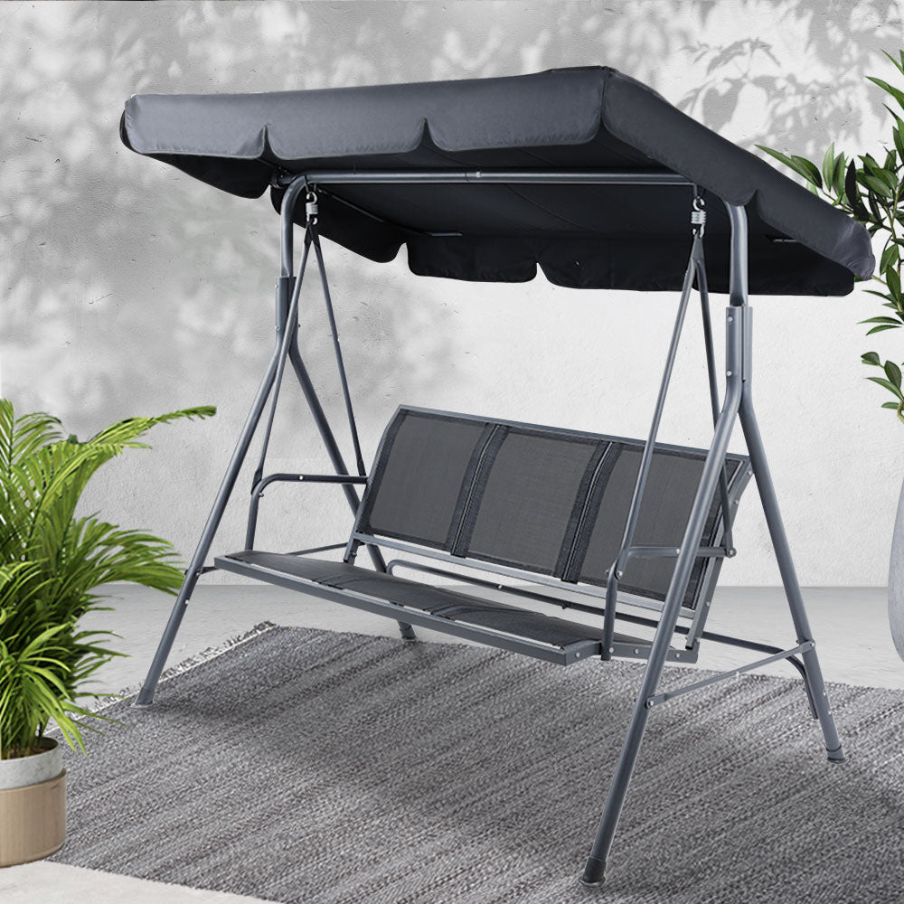 3 Seater Garden Patio Backyard Canopy Swing Chair - Black