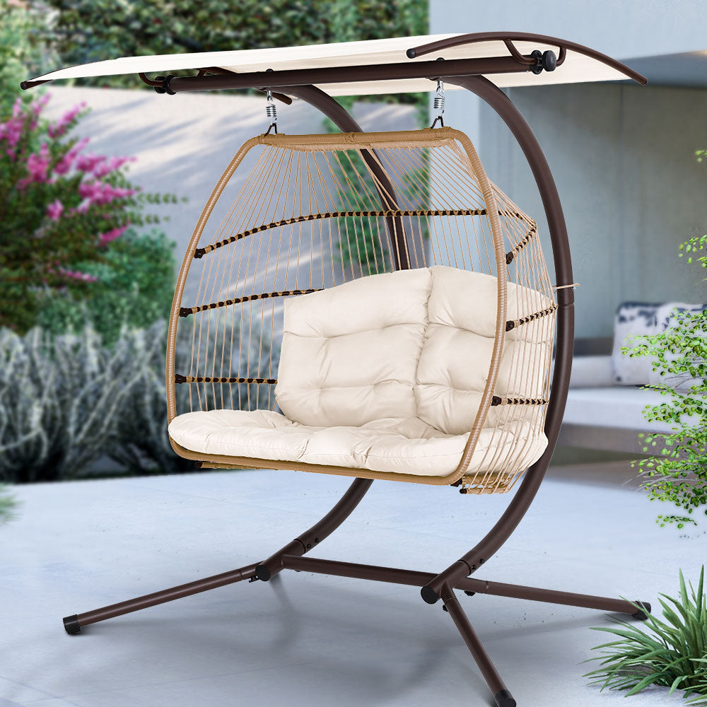 Exotic Wicker Rattan Egg Hanging Pod Swing Chair with Stand - Latte