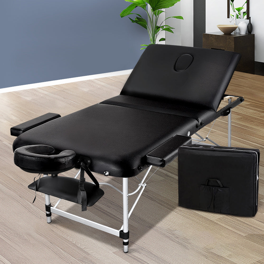 Zenses 3 Fold Portable 80cm Wide Professional Aluminium Massage Table - Black