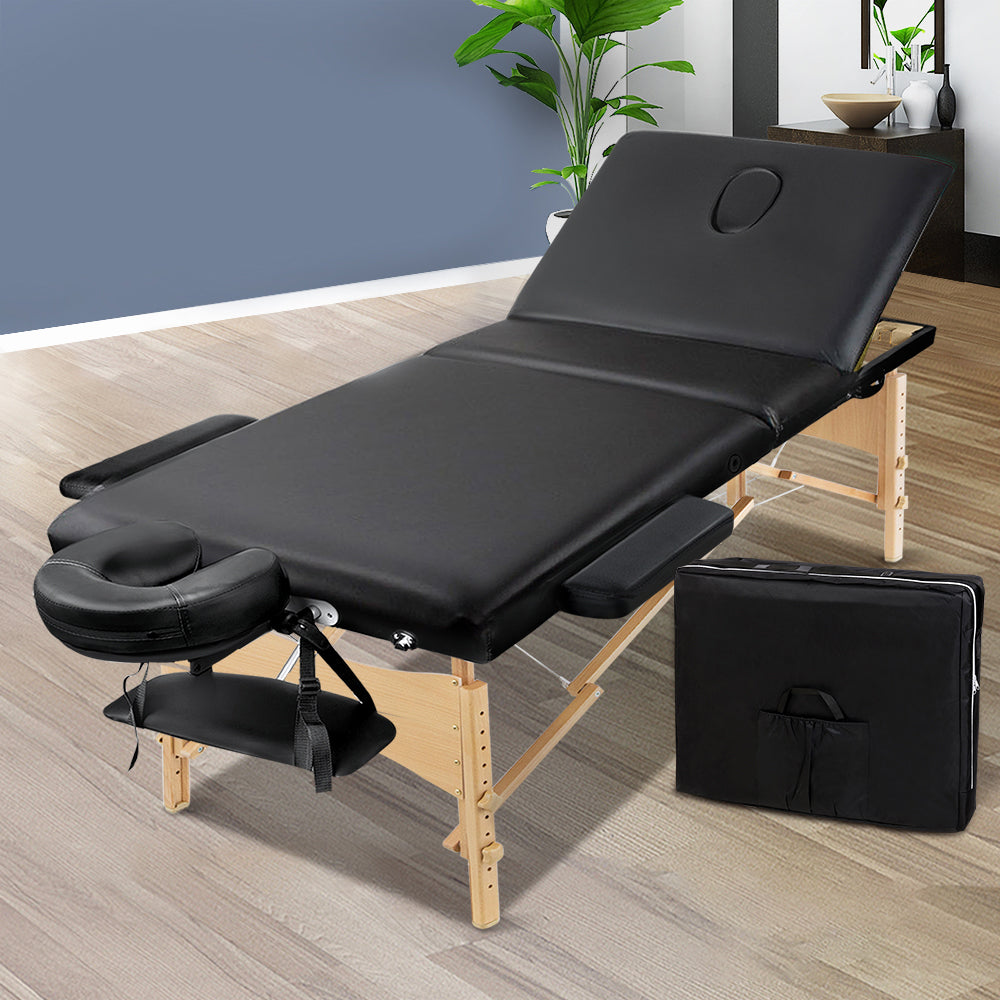 Zenses 3 Fold Portable 70 cm Wide Wood Massage Table - Black