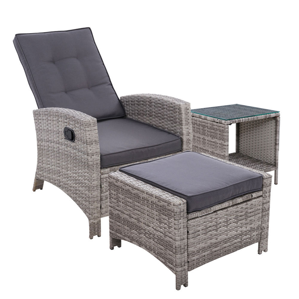 3PC Outdoor Wicker Recliner Chair Table lounge Set - Grey