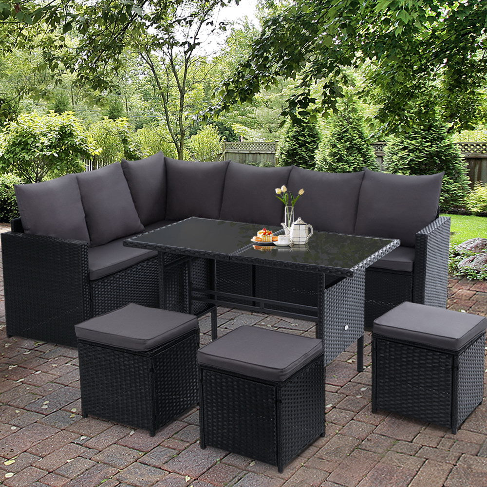 7PC Outdoor Wicker Table Chairs Lounge Set - Black