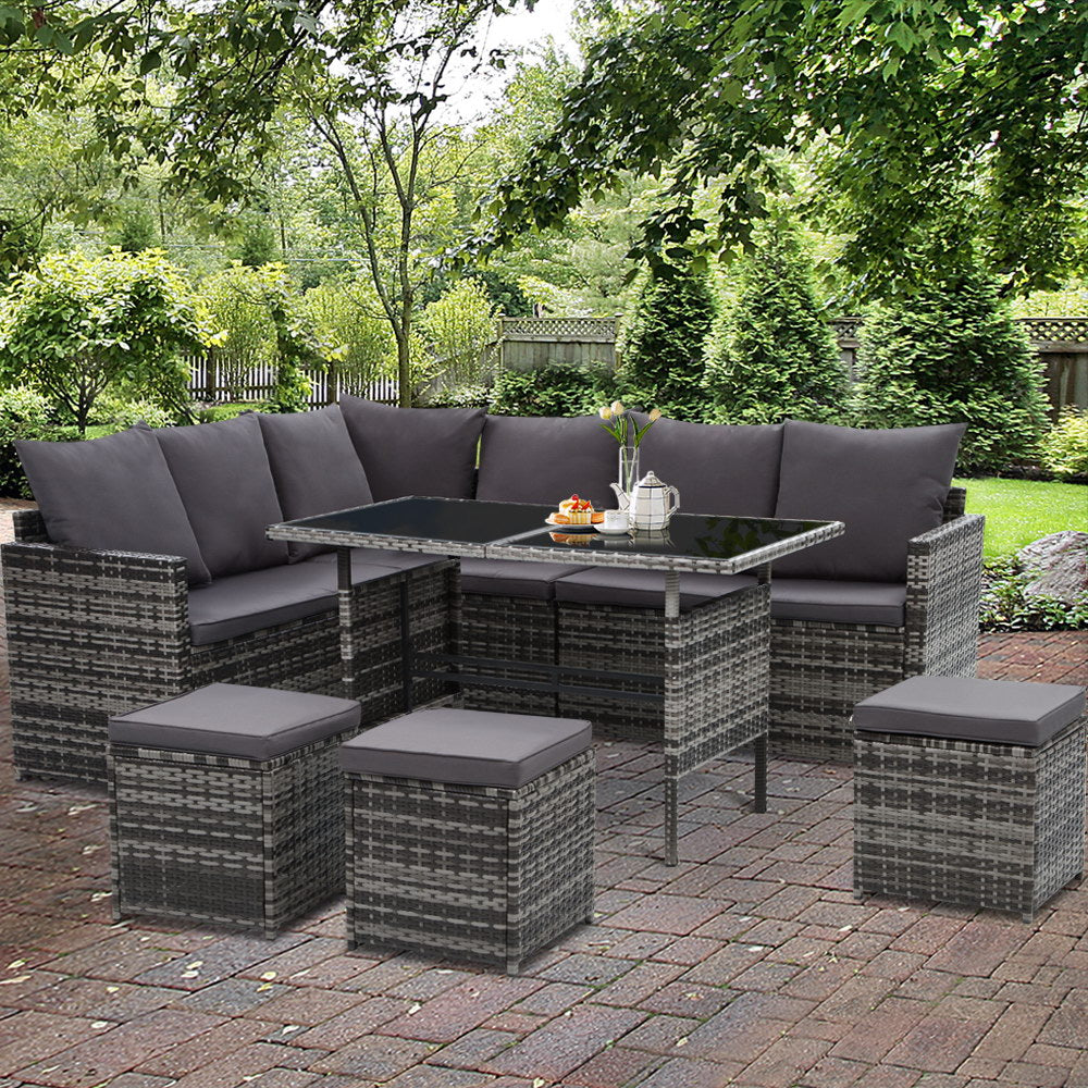 7PC Outdoor Wicker Table Chairs Lounge Set - Mixed Grey