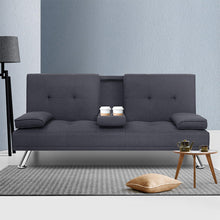 Load image into Gallery viewer, Artiss Linen Fabric 3 Seater Sofa Bed Recliner Lounge Couch Cup Holder Futon Dark Grey

