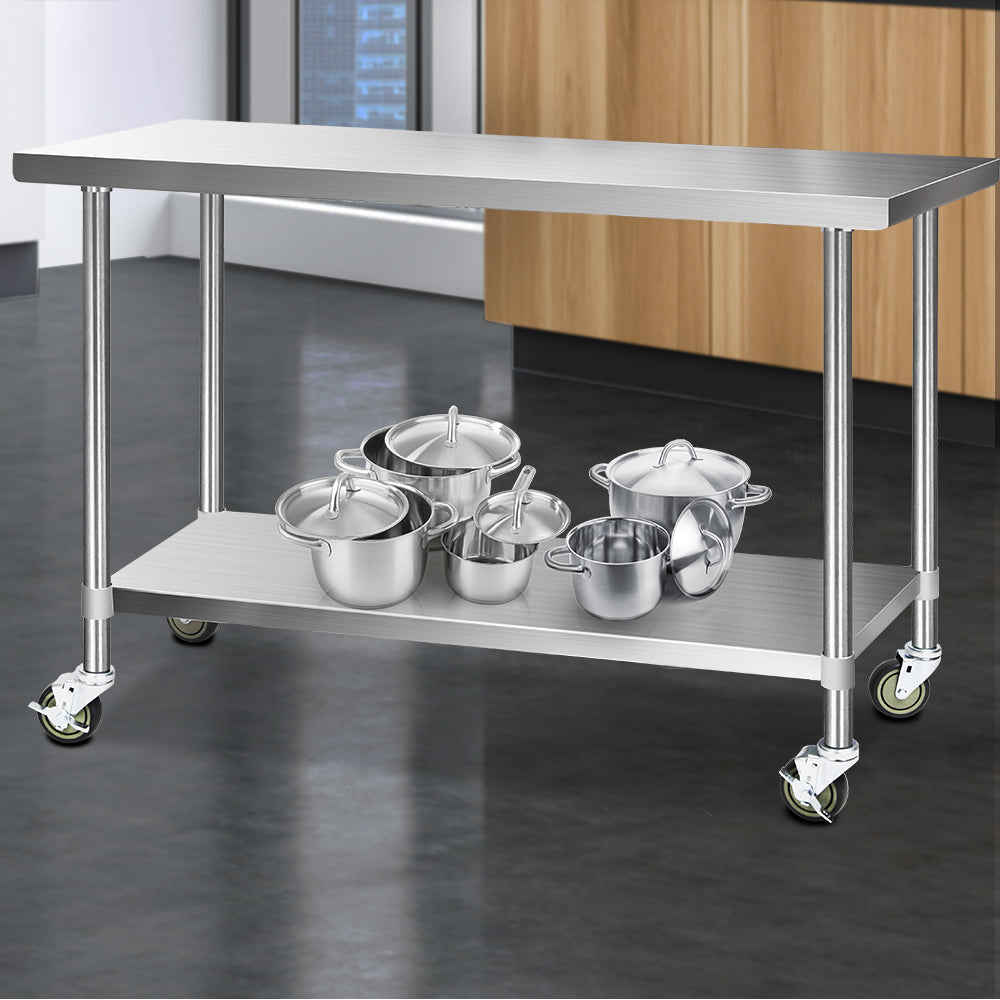 1524 x 610mm 304 Stainless Steel Kitchen Work Bench Food Prep Table with Wheels
