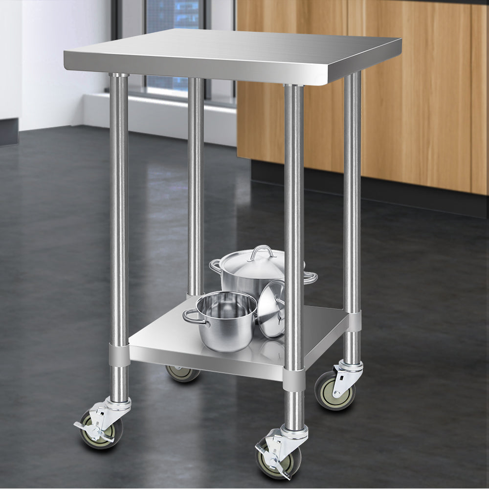 610 x 610mm 430 Stainless Steel Kitchen Work Bench Food Prep Table with Wheels