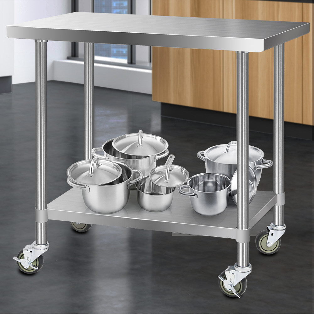 1219 x 610mm 430 Stainless Steel Kitchen Work Bench Food Prep Table with Wheels