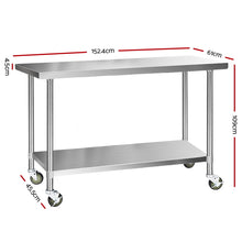 Load image into Gallery viewer, 1524 x 610mm 430 Stainless Steel Kitchen Work Bench Food Prep Table with Wheels

