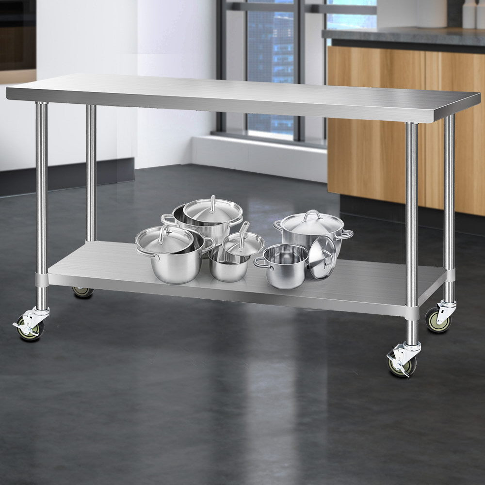 1829 x 610mm 430 Stainless Steel Kitchen Work Bench Food Prep Table with Wheels