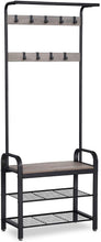 Load image into Gallery viewer, Greige and Black Steel Freestanding Coat Rack Stand with Removable Hooks, Bench and Shoe Rack, Height 183 cm
