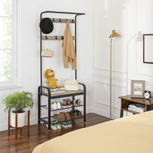 Load image into Gallery viewer, Greige and Black Steel Freestanding Coat Rack Stand with Removable Hooks, Bench and Shoe Rack, Height 183 cm
