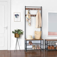 Load image into Gallery viewer, Rustic Brown Coat Rack Stand with Hallway Shoe Rack and Bench with Shelves Matte Metal Frame Height 175 cm
