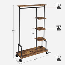 Load image into Gallery viewer, Clothing Garment Rack on Wheels with 5-Tier, Industrial Pipe Style, Rustic Brown

