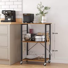 Load image into Gallery viewer, Kitchen Baker's Rack,  3-Tier Serving Cart with Metal Frame and 6 Hooks, Rustic Brown
