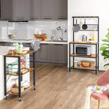 Load image into Gallery viewer, Kitchen Baker's Rack,  3-Tier Serving Cart with Metal Frame and 6 Hooks, Rustic Brown
