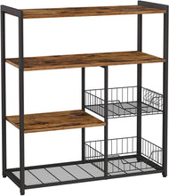 Load image into Gallery viewer, Baker's Rack with 2 Metal Mesh Baskets, Shelves and Hooks, 80 x 35 x 95 cm, Industrial Style, Rustic Brown
