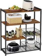 Load image into Gallery viewer, Baker's Rack with 2 Metal Mesh Baskets, Shelves and Hooks, 80 x 35 x 95 cm, Industrial Style, Rustic Brown
