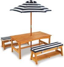 Load image into Gallery viewer, Outdoor Table &amp; Bench Set with Cushions &amp; Umbrella (Navy)
