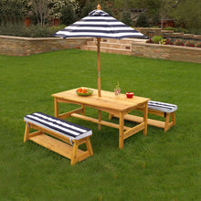 Load image into Gallery viewer, Outdoor Table &amp; Bench Set with Cushions &amp; Umbrella (Navy)
