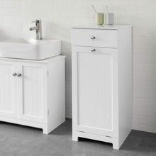 Load image into Gallery viewer, White Bathroom Cabinet with Laundry Basket and Drawer
