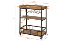 Load image into Gallery viewer, Industrial Vintage Style Wood Metal 3 Tiers Kitchen Serving Trolley with Wine Rack (Brown)
