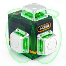 Load image into Gallery viewer, CIGMAN Laser Level Self Leveling 3x360° 3D Green Cross Line for Construction and Picture Hanging, Rechargeable battery, Remote Controller, Magnetic Rotating Stand Included
