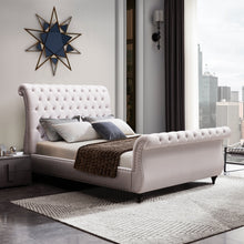 Load image into Gallery viewer, Queen Size Sleigh Bedframe Velvet Upholstery Beige Colour Tufted Headboard And Footboard Deep Quilting
