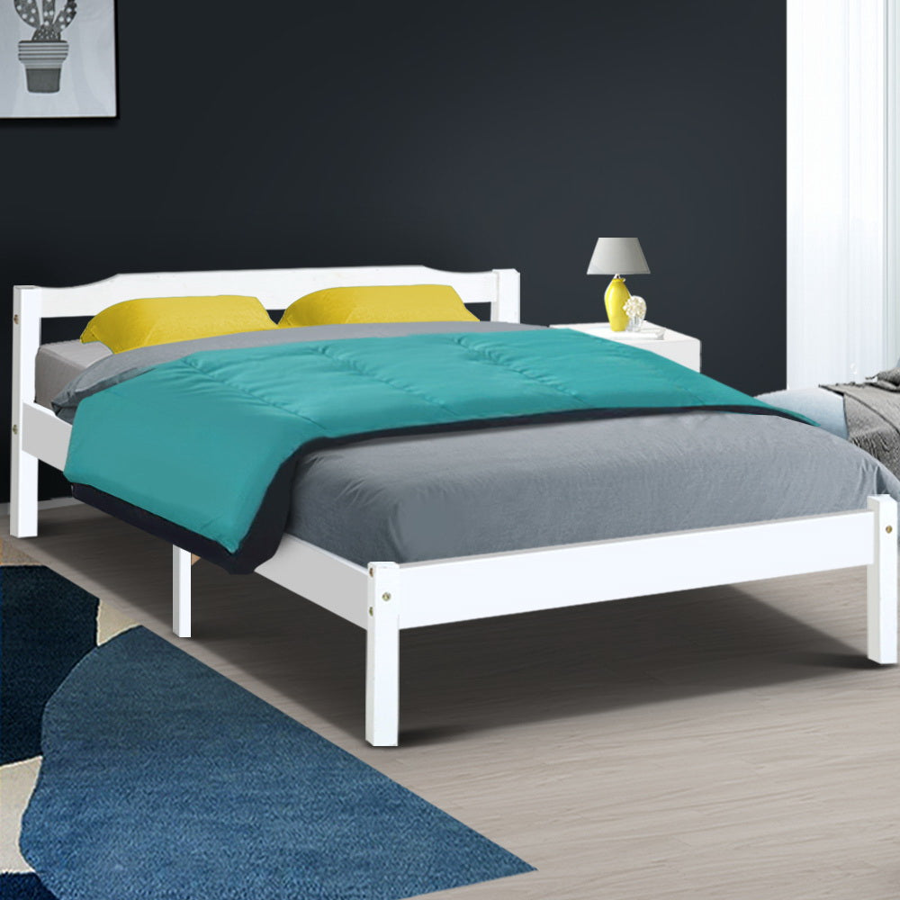 Double Wooden Base Timber Platform White Bed Frame