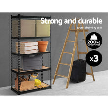 Load image into Gallery viewer, Durable 5-Shelves Steel Warehouse Shelving Rack x 3 - Black 90cm x 40cm x 180cm
